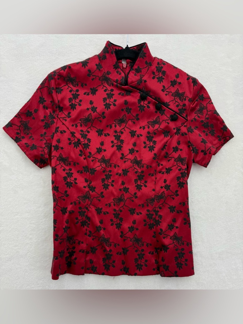 Vintage Jessica Howard cheongsam or qipao style blouse Size Small Red And Black